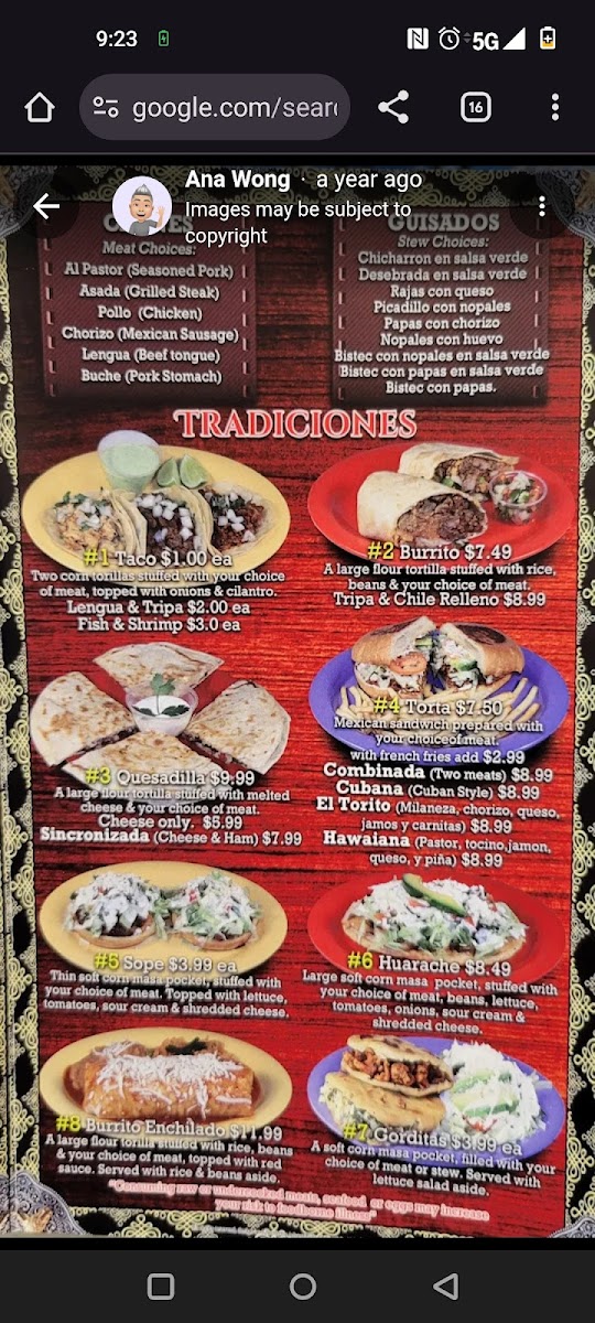 Taqueria El Torito Photo Menu 2