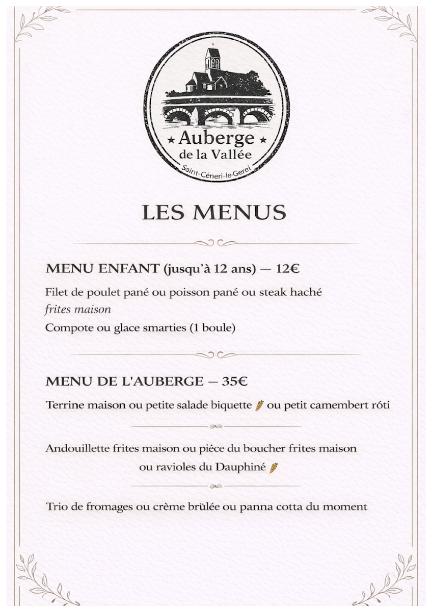 L'Auberge de la Vallée Photo Menu 2