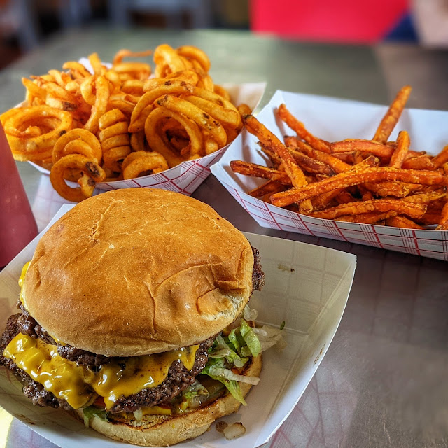 Large Double Cheeseburger Curly Q's and Sweet Potato Fries