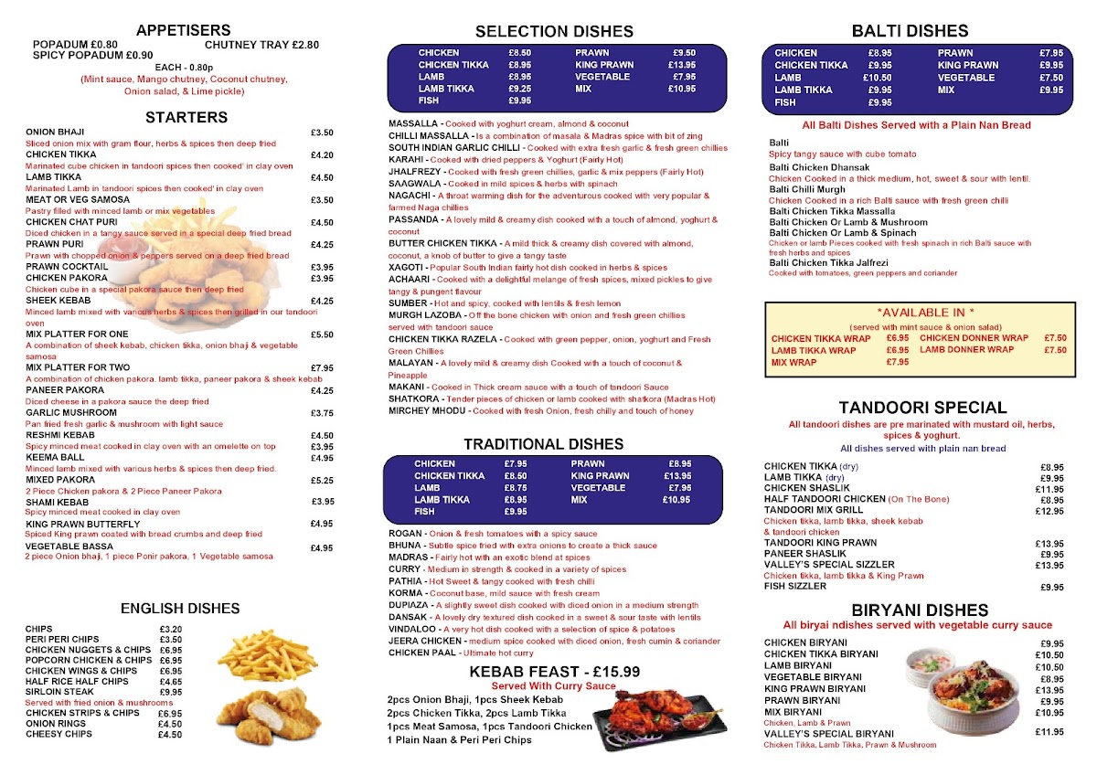 Valley's Spice Indian Restaurant & Takeaway Photo Menu 5