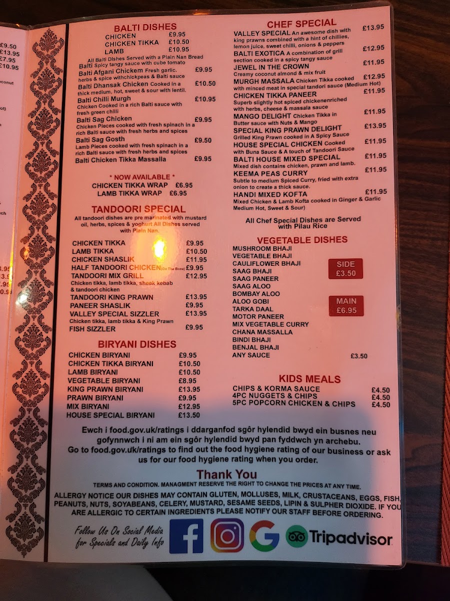 Valley's Spice Indian Restaurant & Takeaway Photo Menu 9