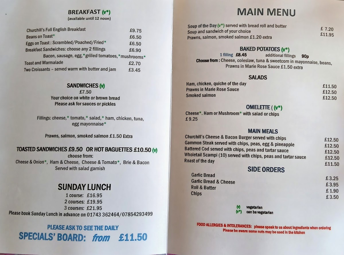 Churchill's Cafe and Restaurant Photo Menu 1