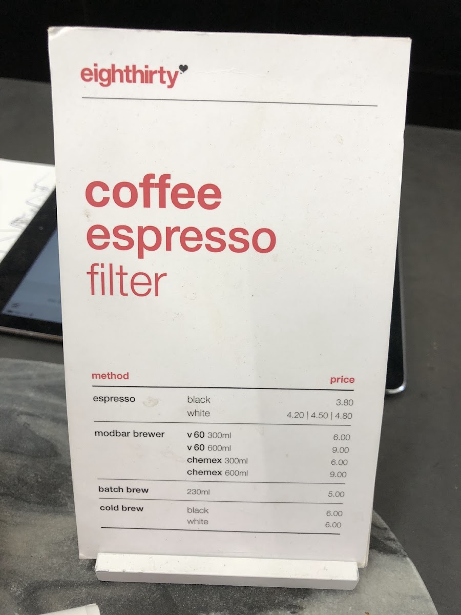Eighthirty Coffee Roasters Photo Menu 1