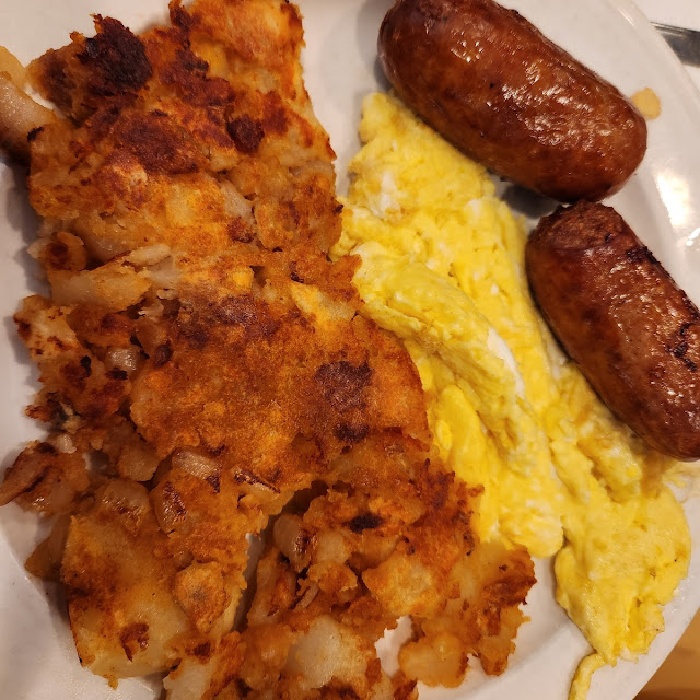 Poached Egg Hash Browns and Sausage Links