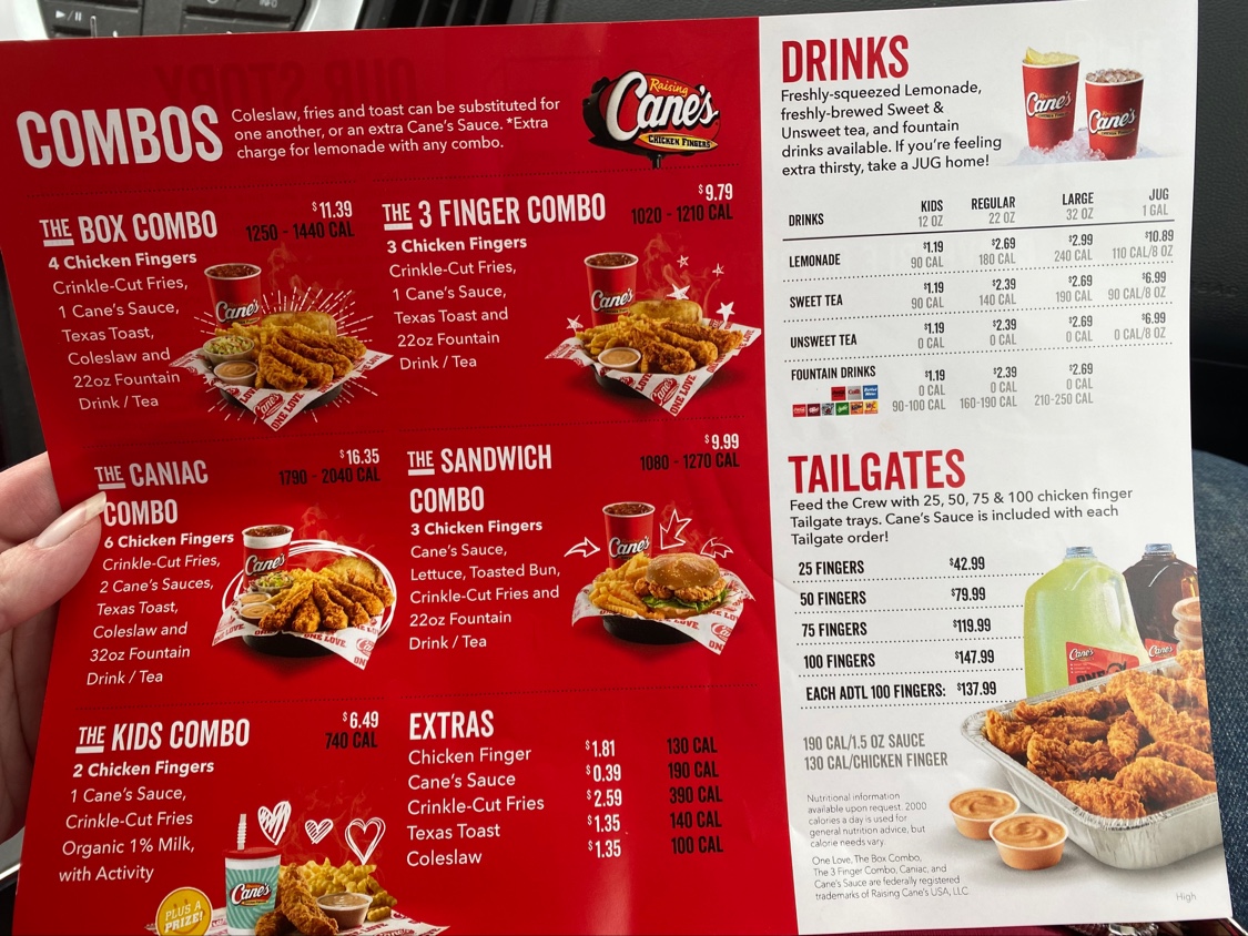 Raising Cane's Chicken Fingers Photo Menu 1