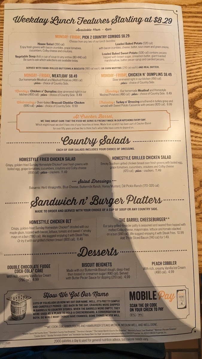 Cracker Barrel Old Country Store Photo Menu 2