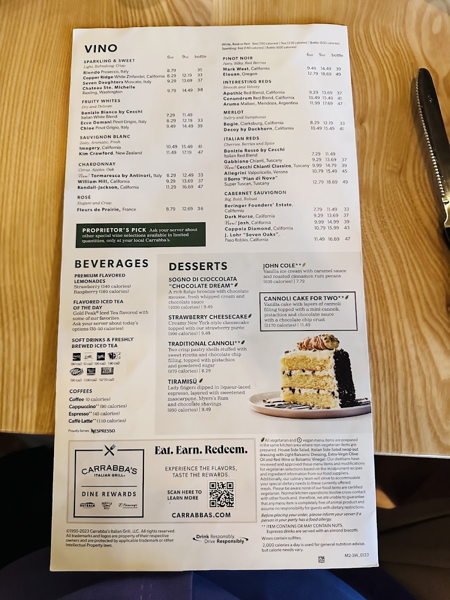 Carrabba's Italian Grill Photo Menu 1