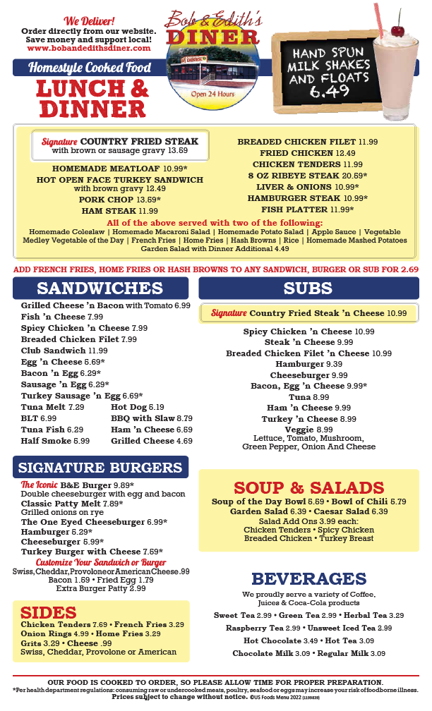 Bob & Edith's Diner Photo Menu 1
