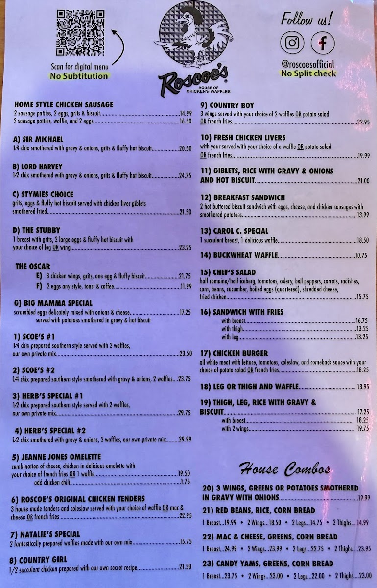 Roscoe's Chicken & Waffles Photo Menu 1