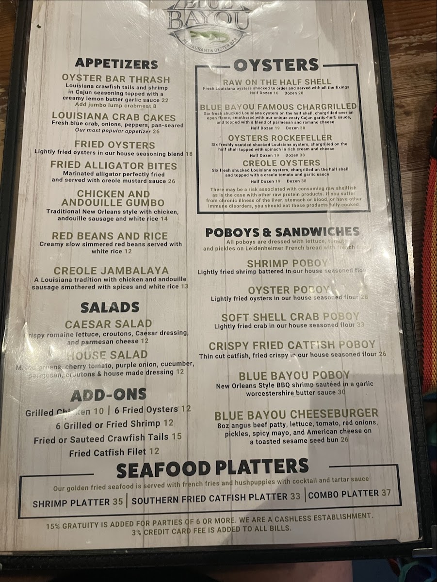 Blue Bayou Restaurant & Oyster Bar Photo Menu 1
