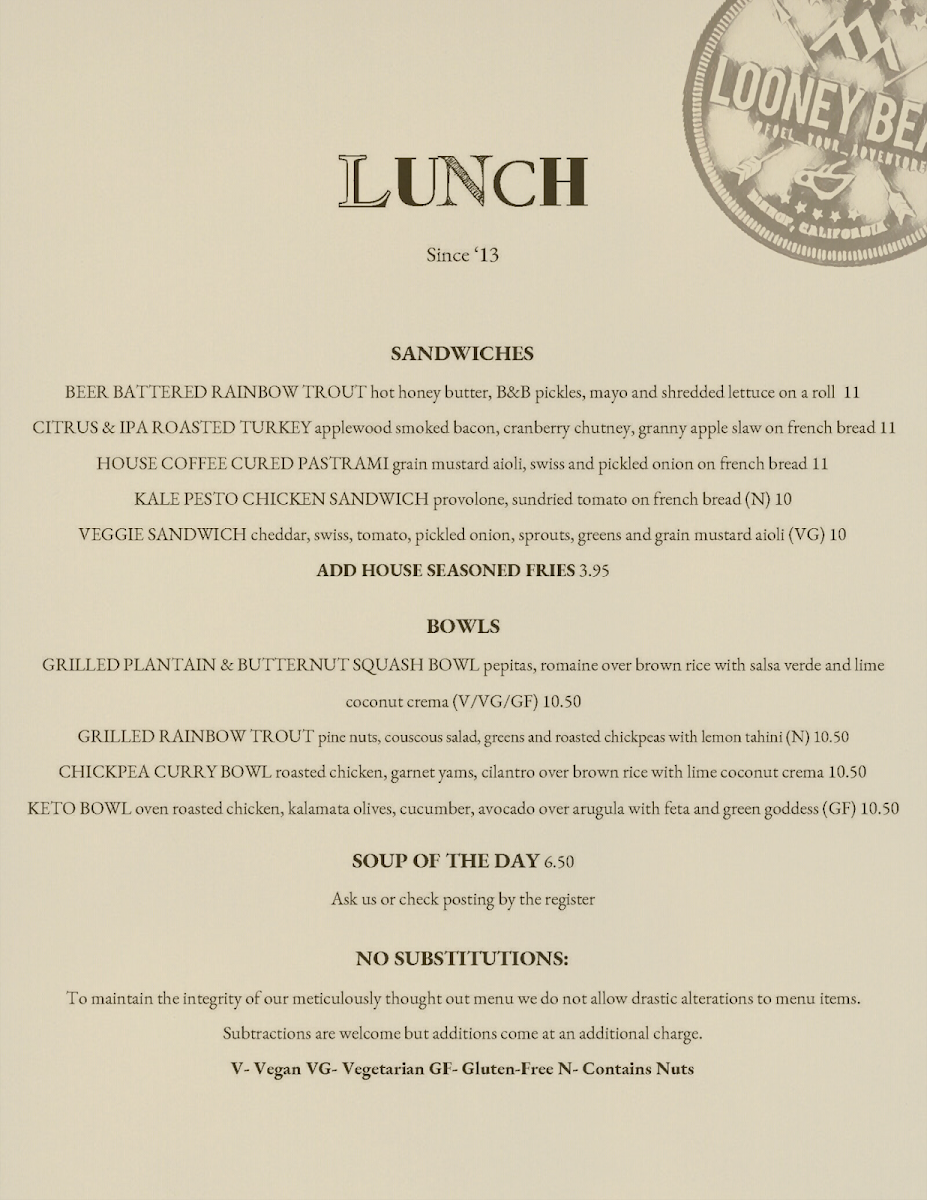Looney Bean Photo Menu 9