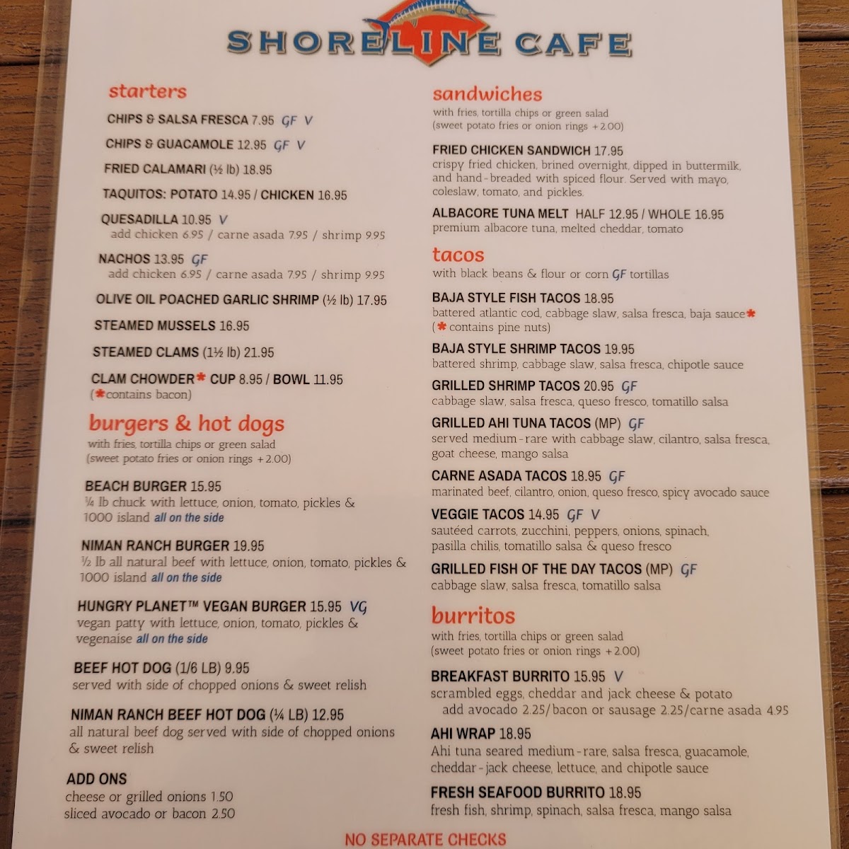Shoreline Cafe Photo Menu 1