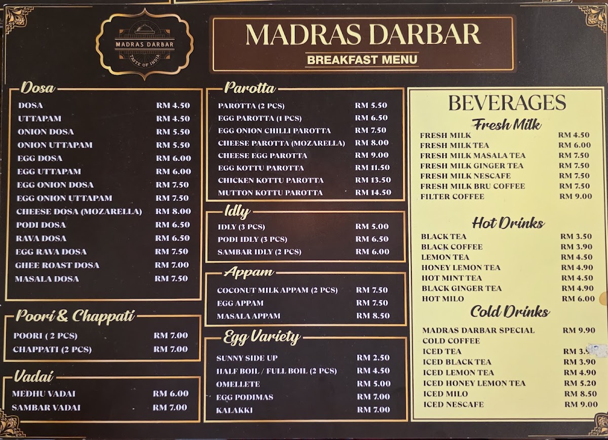 Madras Darbar Restaurant & Banquet Hall Photo Menu 1