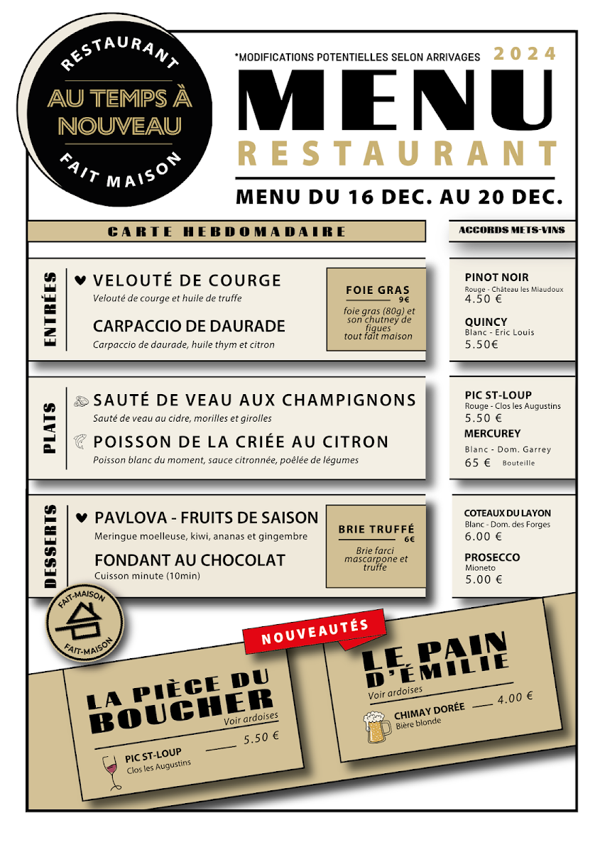 Au Temps à Nouveau - Le restaurant de l'Alter Egos Photo Menu 1