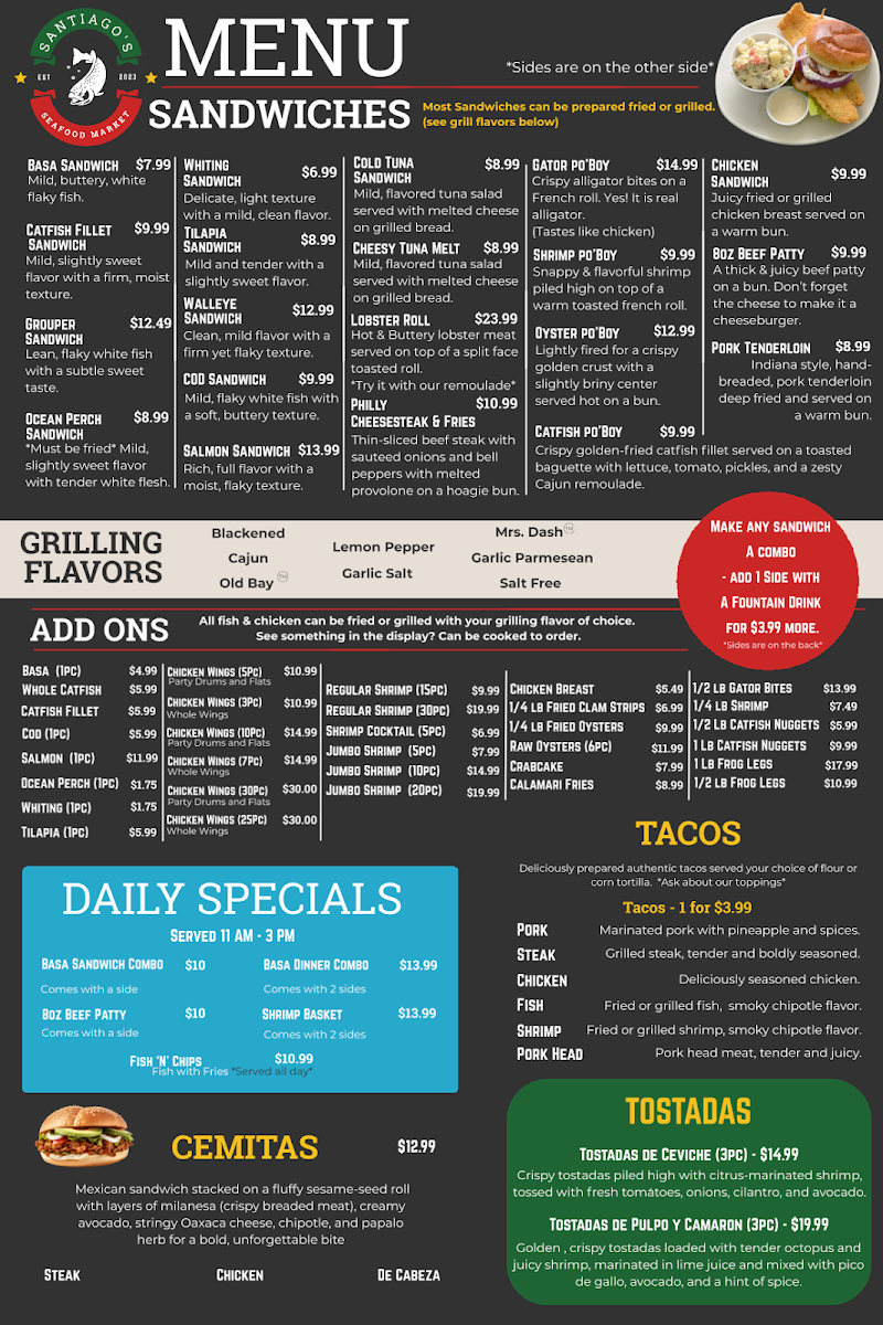 Santiago’s Seafood Market Photo Menu 1
