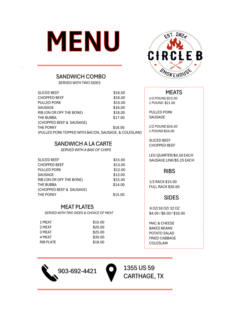 Circle B Smokehouse Photo Menu 1