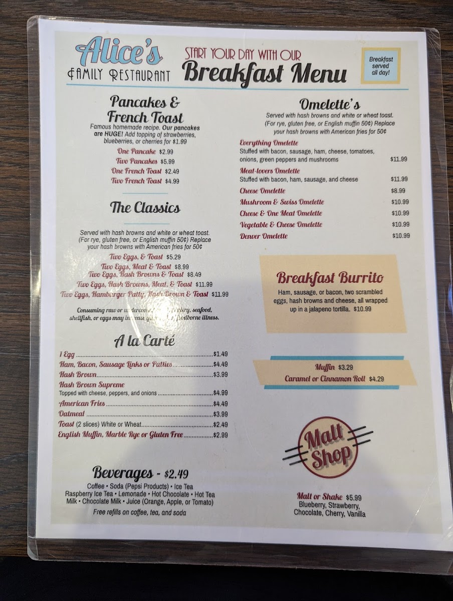 Alice's Family Restaurant Photo Menu 2