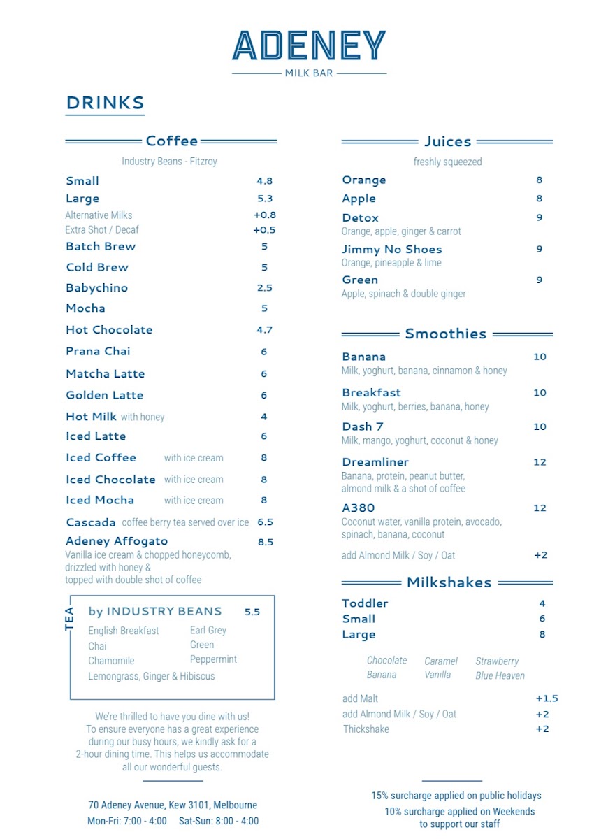Adeney Milk Bar Cafe Photo Menu 2