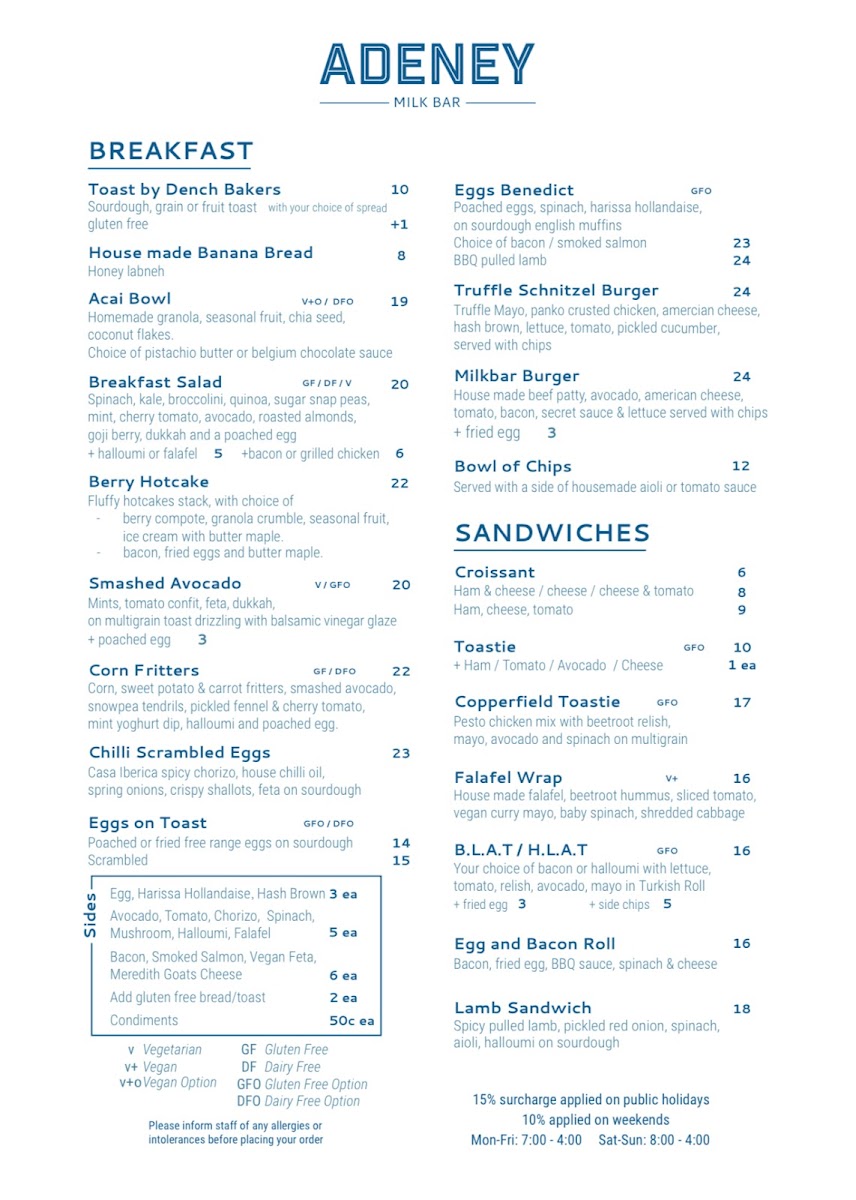 Adeney Milk Bar Cafe Photo Menu 3