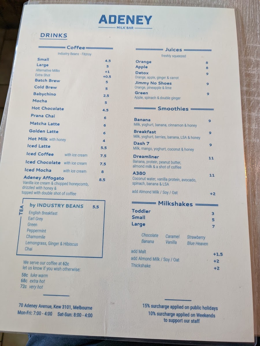 Adeney Milk Bar Cafe Photo Menu 8