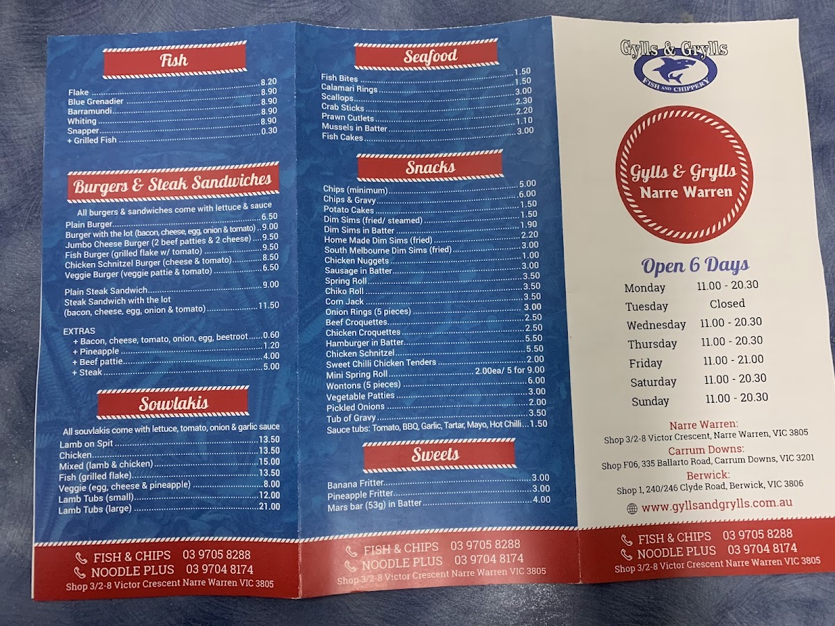 Gylls & Grylls Fish & Chippery Narre Warren Photo Menu 1