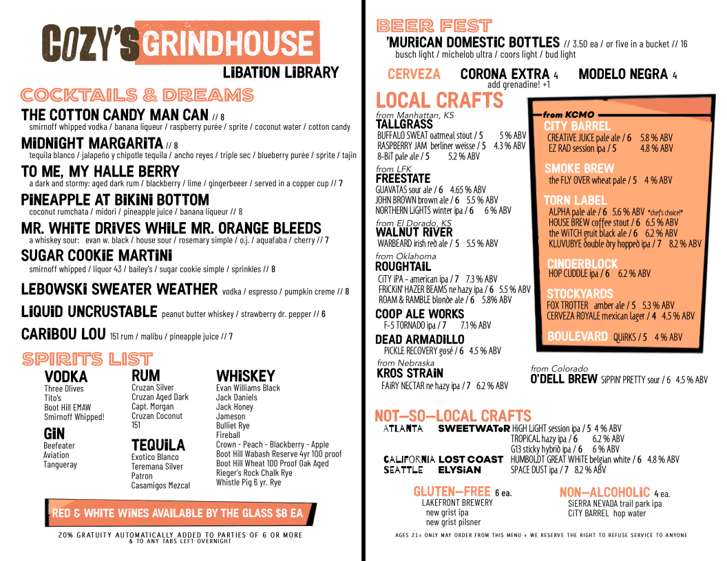 Cozy's Grindhouse Photo Menu 1