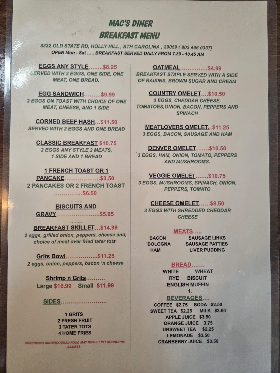 Mac's Diner Photo Menu 1