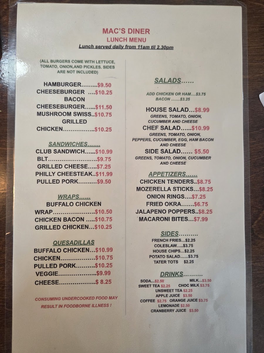 Mac's Diner Photo Menu 2