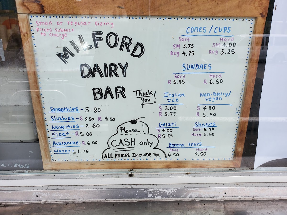 Milford Dairy Bar Photo Menu 1