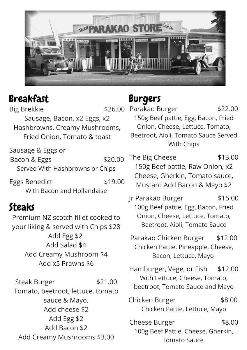 The Old Parakao Store Cafe/Bar Photo Menu 1