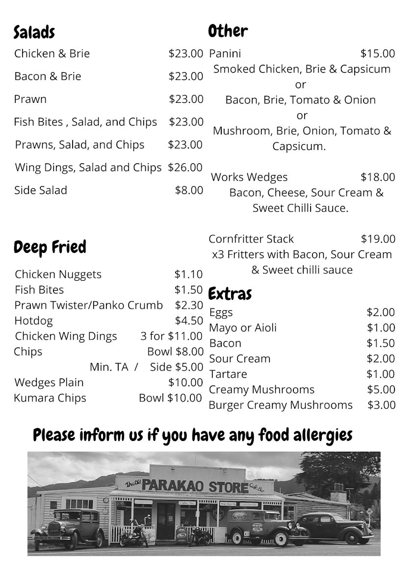 The Old Parakao Store Cafe/Bar Photo Menu 2