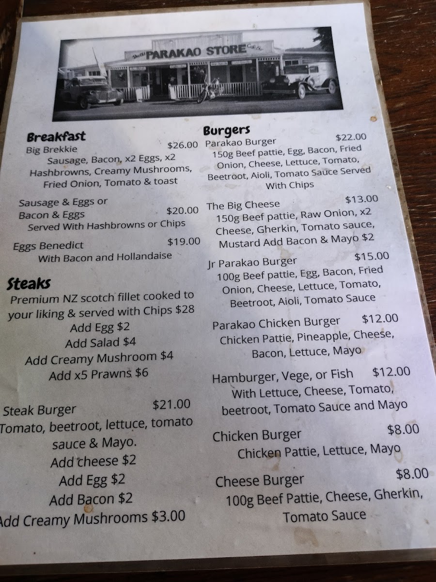 The Old Parakao Store Cafe/Bar Photo Menu 3
