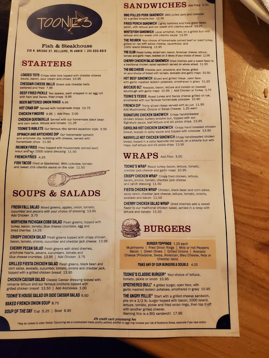 Toonie's Fish & Steak House Photo Menu 4