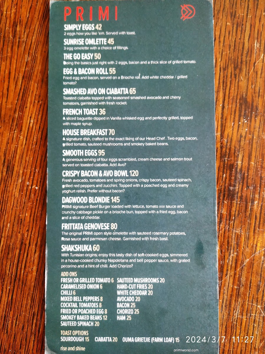 PRIMI Camps Bay Photo Menu 2