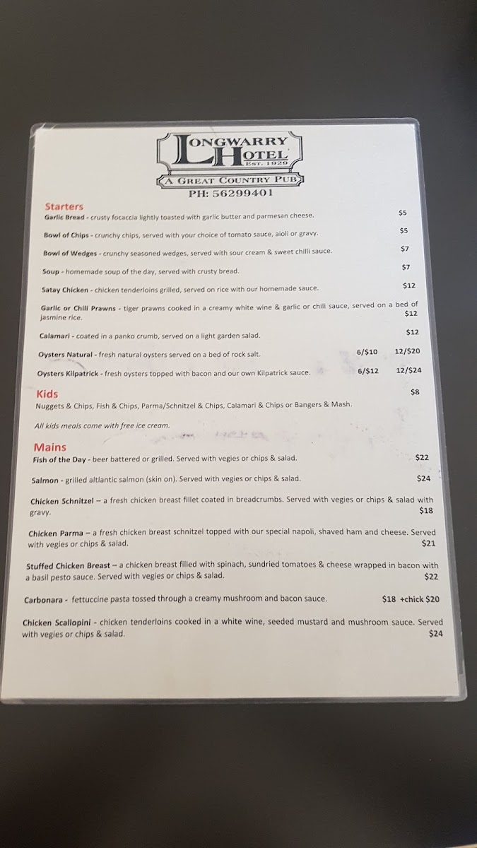 Longwarry Hotel Photo Menu 1