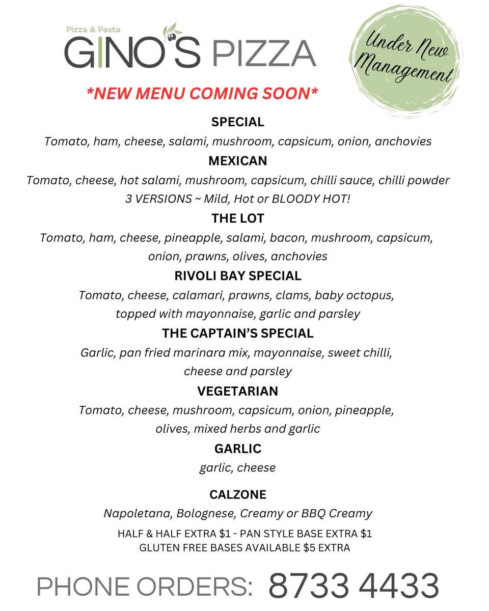 Gino's Pizza & Pasta - Millicent Photo Menu 1