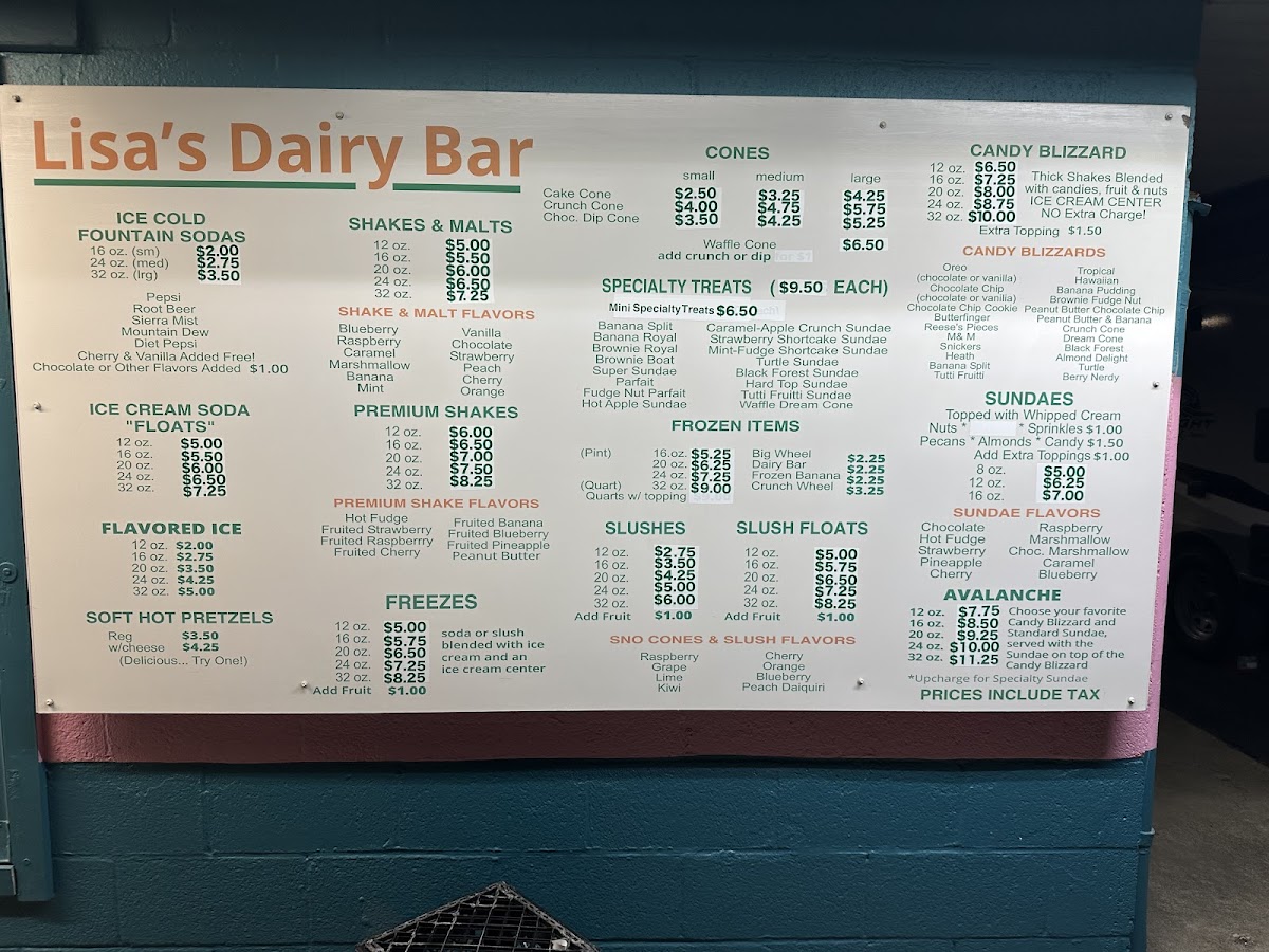 Lisa's Dairy Bar Photo Menu 1
