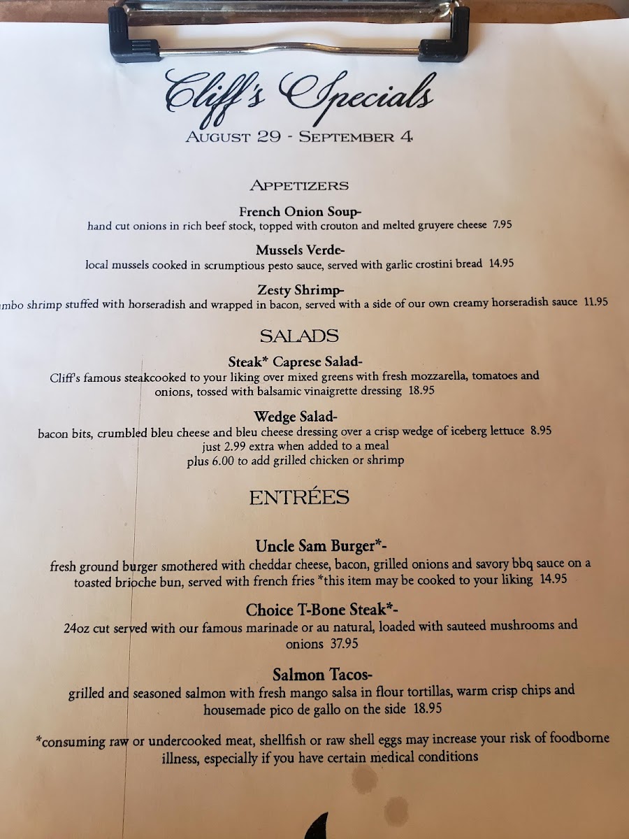 Cliff's Elbow Room Photo Menu 2