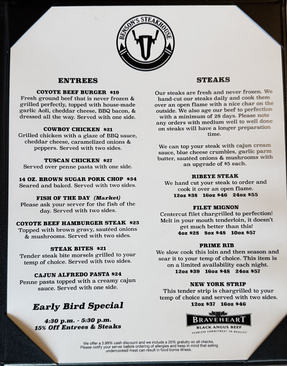 Benson’s Steakhouse Photo Menu 1