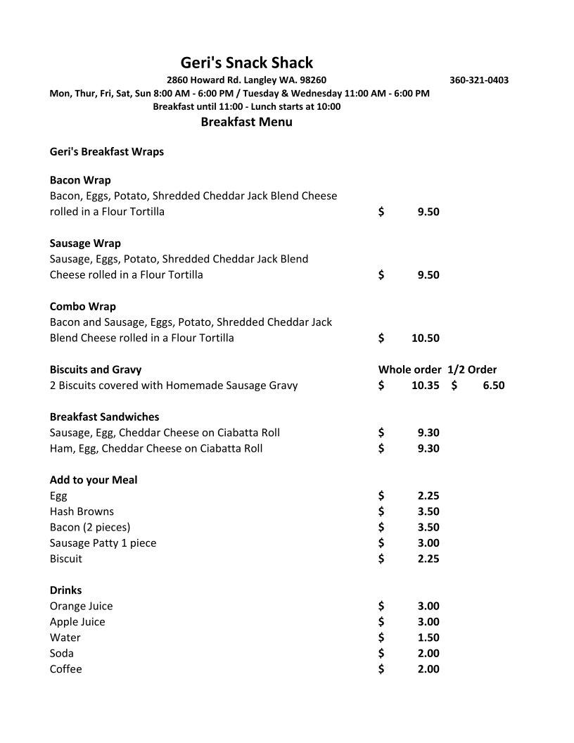 Geri's Snack Shack Photo Menu 1