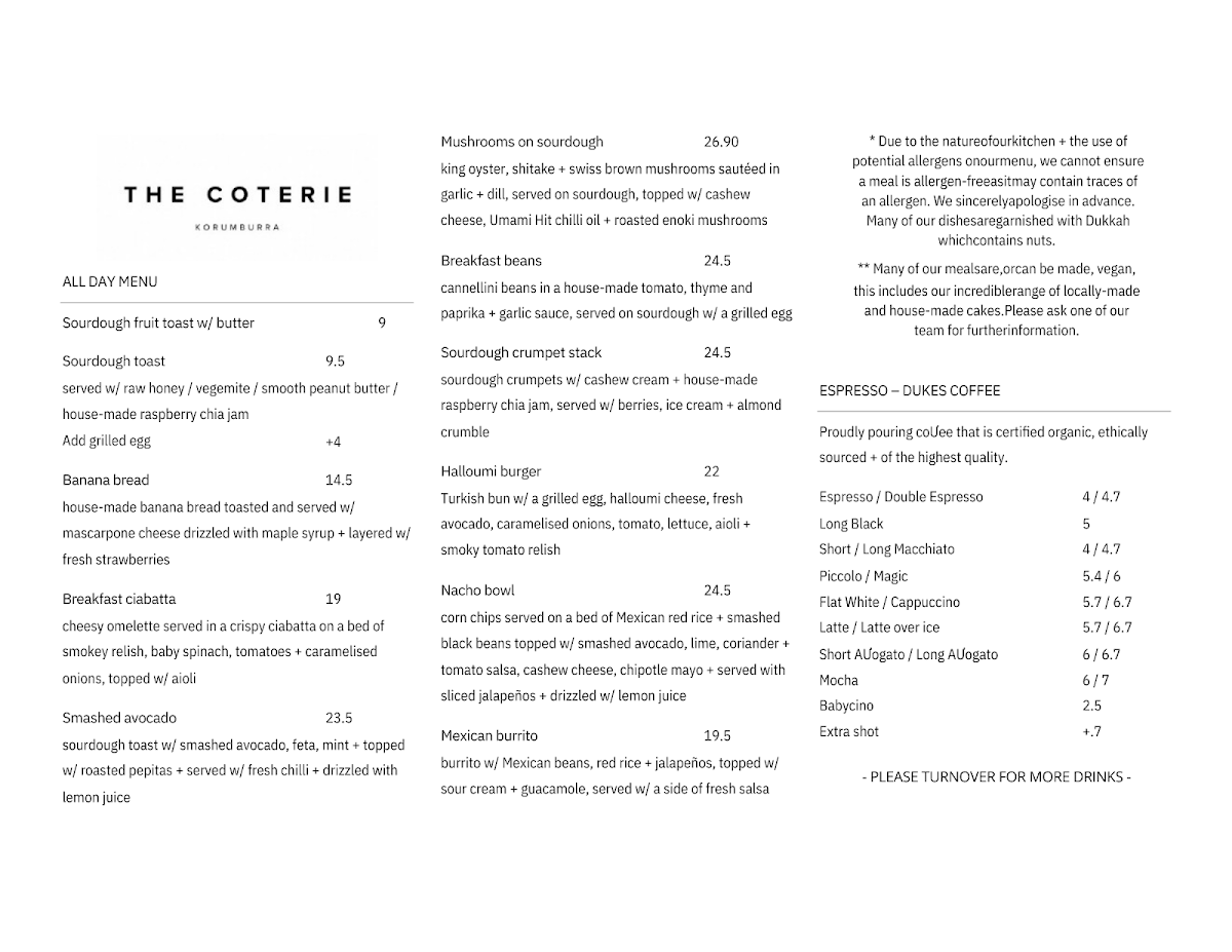 The Coterie Korumburra Photo Menu 2