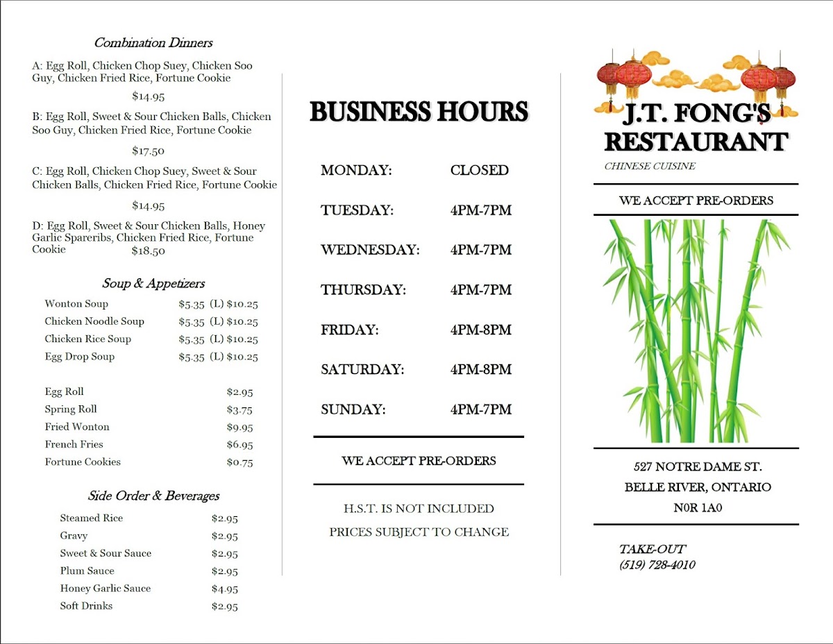 J.T. Fong's Chinese Restaurant Photo Menu 1