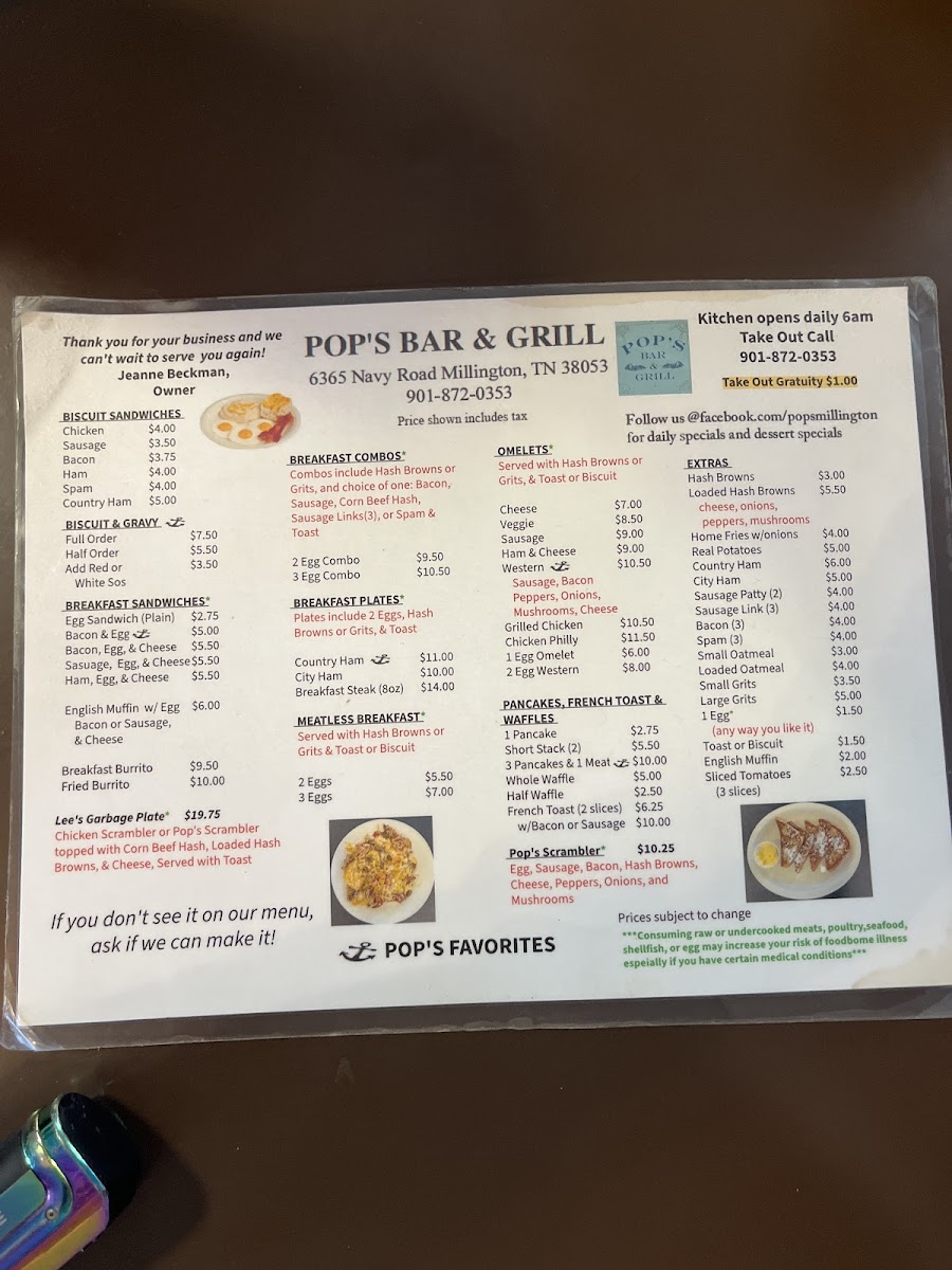 Pops Bar & Grill Millington Photo Menu 1