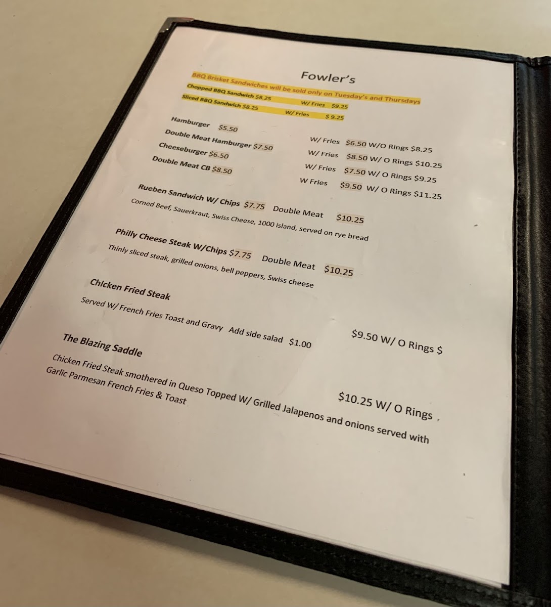 Fowler's Restaurant and Catering Photo Menu 1