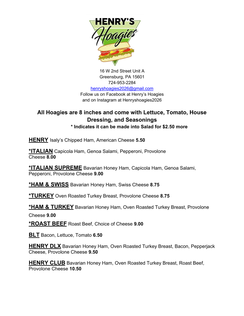 Henry's Hoagies Photo Menu 2