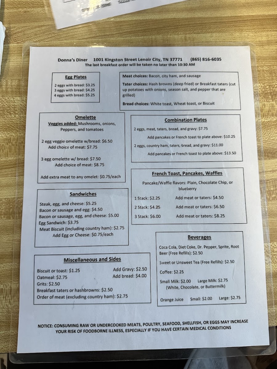 Donna's Diner Photo Menu 1