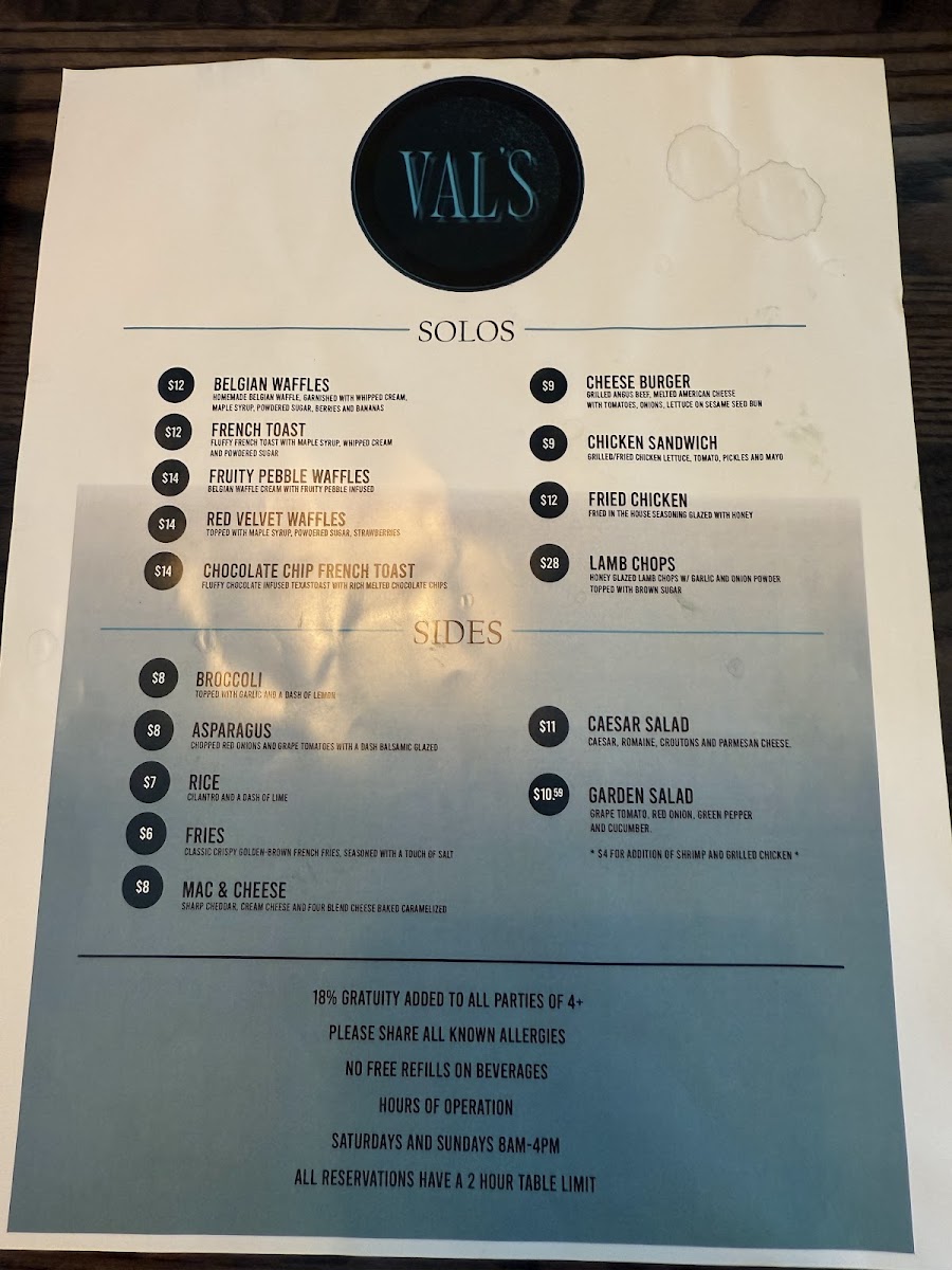 Val's Restaurant Photo Menu 1