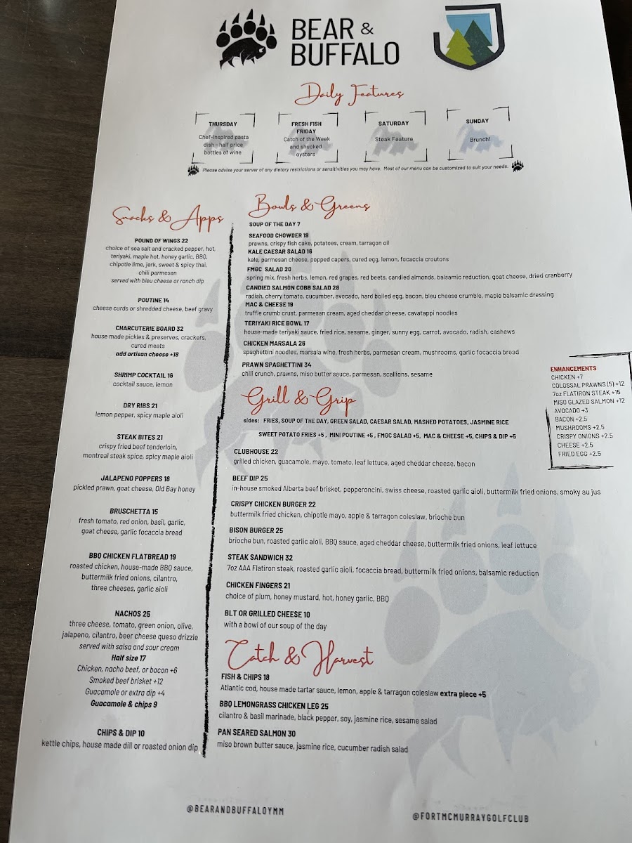 Bear & Buffalo Bar / Restaurant Photo Menu 1
