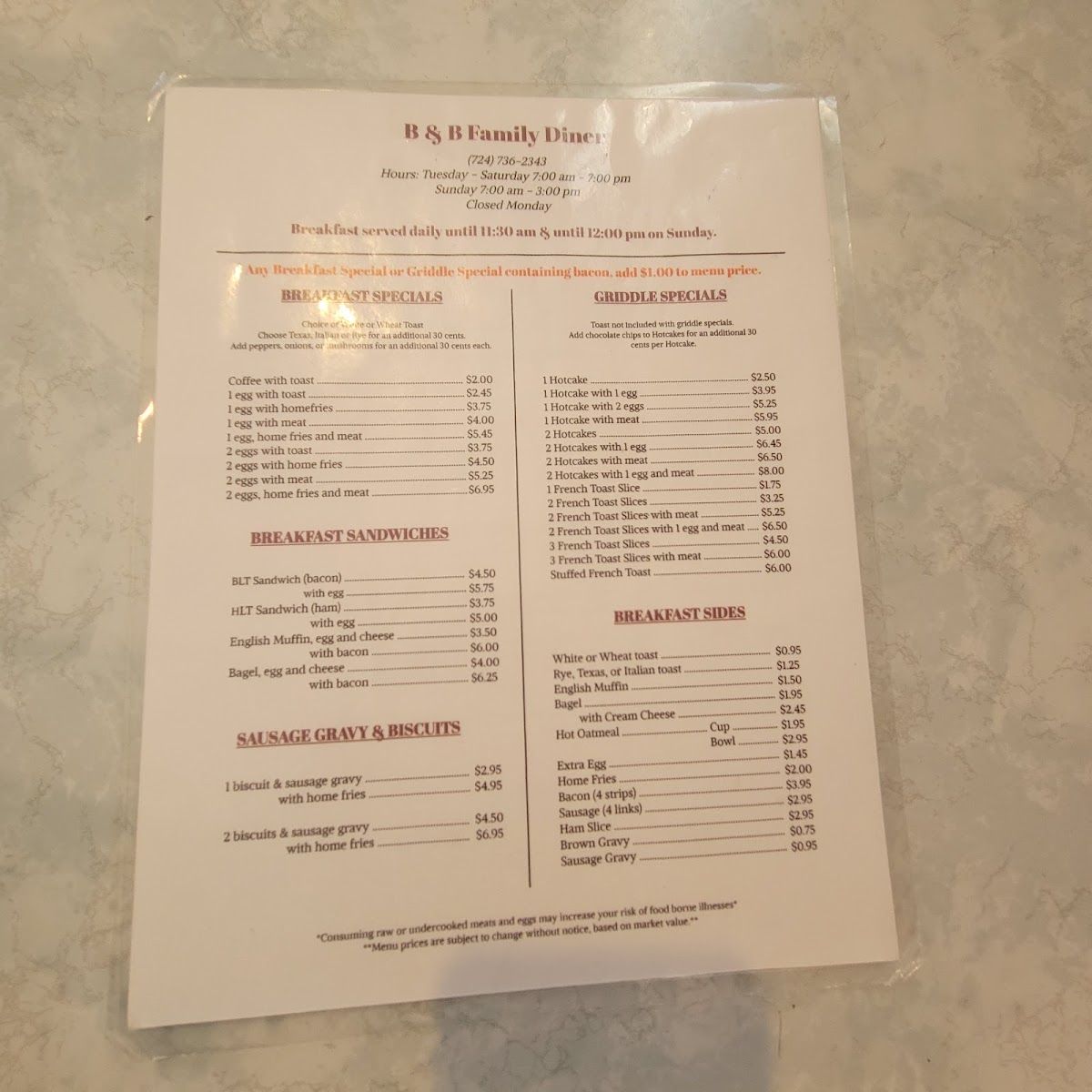 B & B Family Diner Photo Menu 1