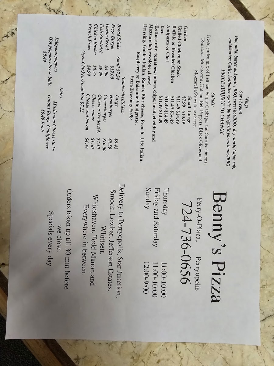 Benny's Pizza Photo Menu 3